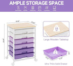 Rolling Cart with Drawers,Utility Cart with 6 Drawers,Rolling Storage Cart with Drawers and Wooden Tabletop & Lockable Wheel,Purple