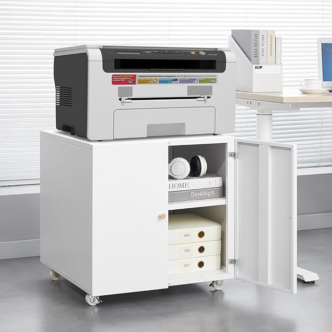 Metal Printer Stand with Storage, Heavy Duty 3D Printer Cabinet on Wheels for Home Office, Table for Printers with Adjustable Shelf Under Desk File Cabinet White 23.6''H