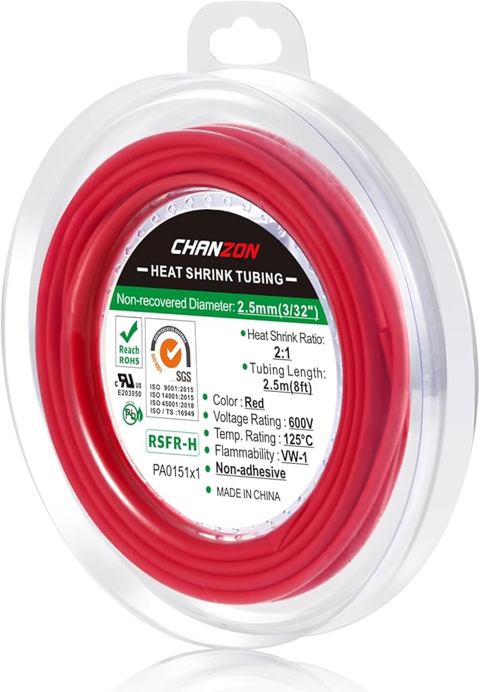 Chanzon 2:1 Ratio 3/32" (2.5mm) Heat Shrink Tubing 8Ft Roll (2.5M Total Length) Red Polyolefin Sleeving Wrap Shrinking 2 to 1 1pcs