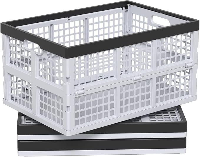Pack of 3 Collapsible Storage Container Crates, Large Folding Basket Box with Handle, Grey, 42 L