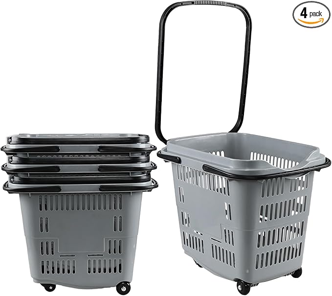 50 L Plastic Rolling Shopping Basket with Handle, 4 Pcs Large Plastic Shopping Baskets with Handles and Wheels, Gray