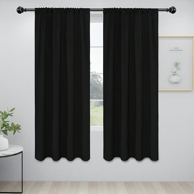 Easy-Going Rod Pocket Blackout Curtains for Bedroom, Room Darkening Window Curtains for Living Room, Thermal Insulated Noise Reduction Solid Window Drapes, 2 Panels(34x72 in, Black)