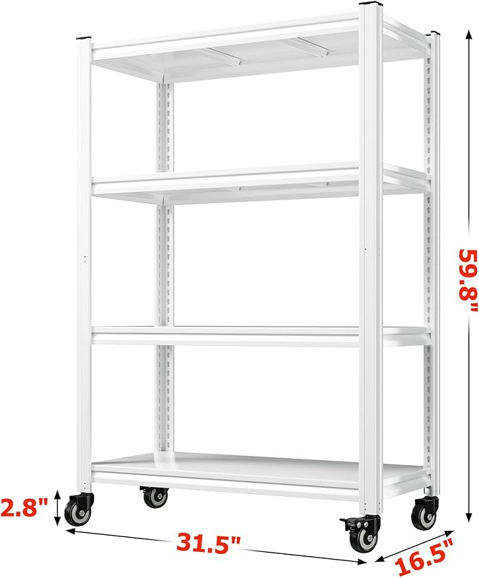 REIBII 4 Tier Storage Shelves with Wheels, 530LBS Pantry Shelves, Adjustable Metal Shelving Unit for Pantry, Kitchen, Living Room, Laundry, Home Office, 59.8" H x 31.5" W x 16.5" D, White