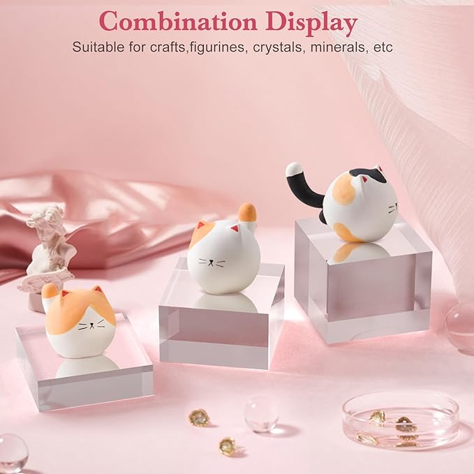 Acrylic Base Stand 3 Pack 3 X 3 Inch Acrylic Blocks for Display Trophy Base Clear Square Cube Riser Display Cylinder Pedestal Stands for Collectibles Jewelry Props Food Display 3 Size