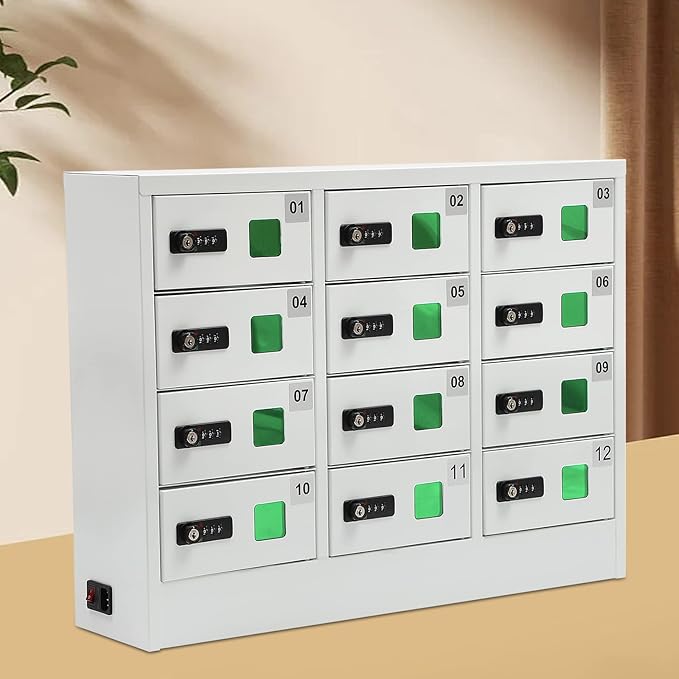 12 Slots Cell Mobile Phone Steel Locker with Combination Lock, Cellphone Charging Station with 3 in 1 Charging Ports for Most Phones, Cellphone Locker for Schools, Conference Rooms, and Offices