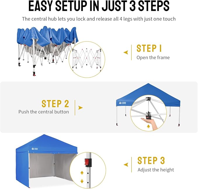 CROWN SHADES 10X10 Comercial Instant Canopy Pop Up Tent with Center Lock, 300D Fabric, 4 Sidewalls, Sto'N Go Bag, Blue
