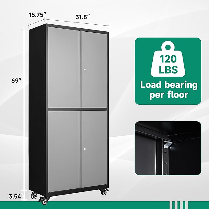 Letaya Metal Garage Storage Cabinet with Wheels,Steel Tool Rolling Cabinets with Lock Door and Adjustable Shelves fro Home Utility Organization Room (1PC-Black Gray)