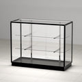 48”D * 20”W * 38”H - Freestanding Retail LED Full Vision Glass Display Case, Black Aluminum Frame, Two Adjustable Height Tempered Glass Shelves