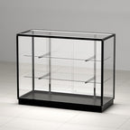 48”D * 20”W * 38”H - Freestanding Retail LED Full Vision Glass Display Case, Black Aluminum Frame, Two Adjustable Height Tempered Glass Shelves