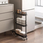 Rolling Storage Cart, 3 Tier Bathroom Organizer Mobile Shelving Unit, Metal Utility Cart Tower Rack for Kitchen Laundry Narrow Places(Fully Assembled Furniture, Black)
