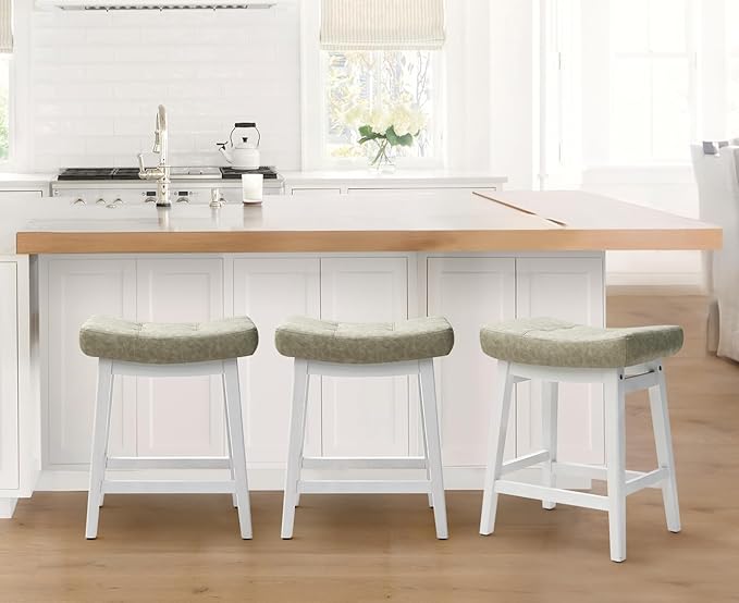 Counter Height Bar Stools Set of 3 for Kitchen Counter Farmhouse Modern Barstools with Faux Leather Upholstered Backless Seat and Solid Wood Legs 24 inch Bar Chairs, Light Grey + White