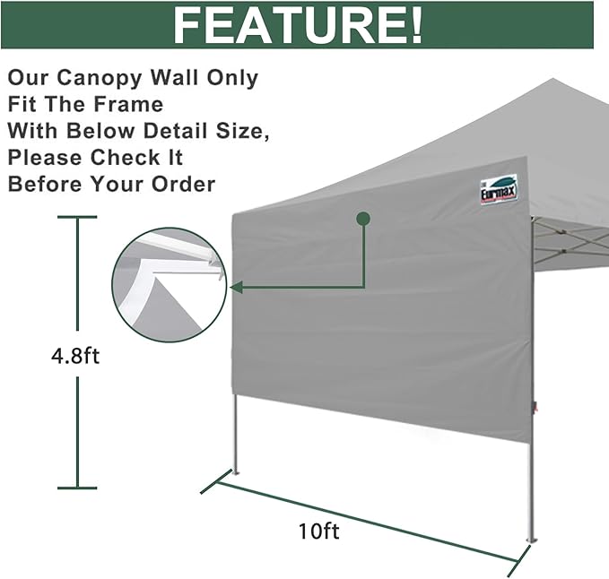 Eurmax USA 10ft Instant Canopy SunWall Canopy Tent Sidewall for Pop Up Canopy Tent,1 Pack Removable Sidewall Only(Grey)