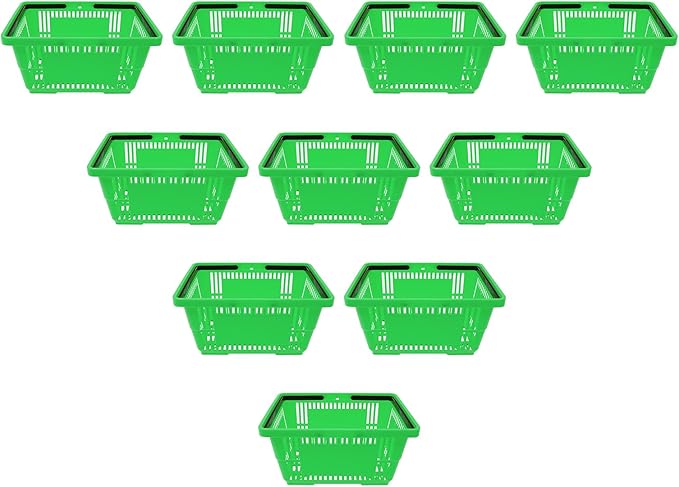 12 Pack Commercial Shopping Baskets - 28L Black/Yellow/Green Nesting Stackable Bins with Invisible Handle for Retail, Supermarket, Warehouse Durable Store Basket (Green)