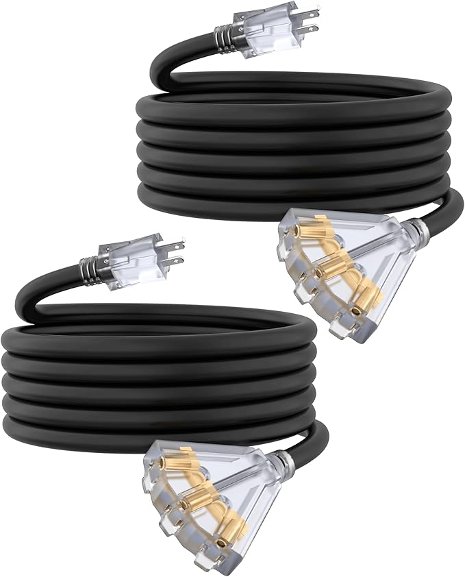 10Ft 12 Gauge Outdoor Extension Cord with 3-Outlets, Heavy Duty 3 Prong Extension Cord Waterproof with Lighted end, 15A SJTW, ETL Listed, Black