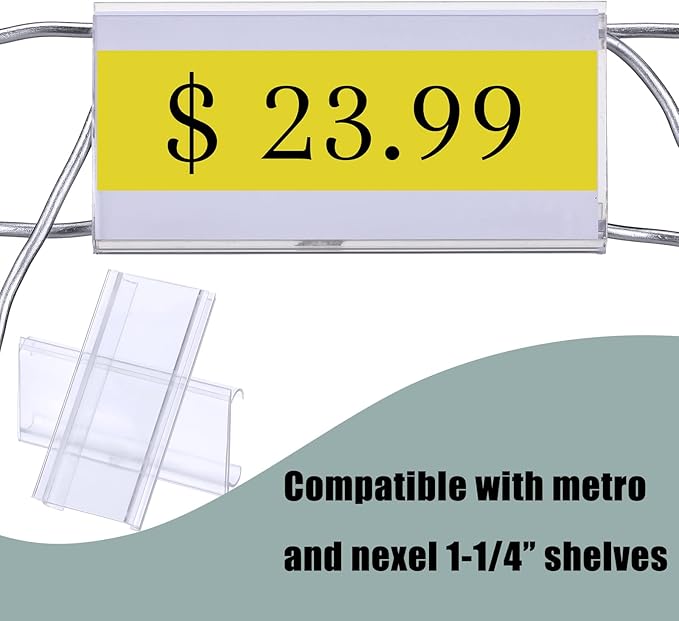 Kathfly 100 Pcs Plastic Wire Shelf Label Holder, Sign and Ticket Holder Clips with Paper Insert Area 3"x1.25" Compatible with Metro 1-1/4 Inch Shelves, Label Inserts Included
