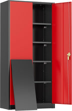 Greenvelly Metal Storage Cabinet, 72" Black Locking Metal Garage Storage Cabinet with Doors and 4 Adjustable Shelves, Lockable Steel Cabinet for Home Office, Garage, Shop, School (Red 36" W x 18" D)