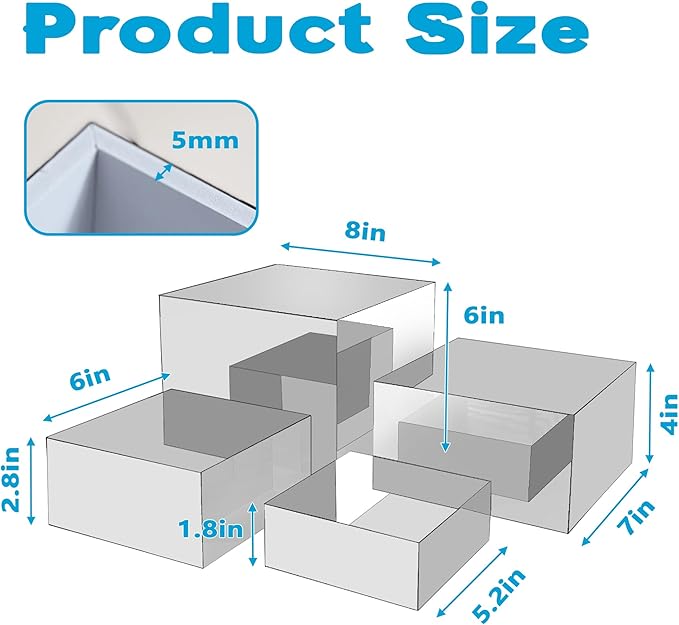 4Pcs Acrylic Risers Display Stands, Food Risers for Buffet Table, Acrylic Cube Mirror Risers for Catering Dessert, Jewelry Collectibles Party, Silver