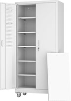 Aobabo Upgraded Garage Storage Cabinets with Wheels,Metal Storage Cabinets with 5 Adjustable Shelves for Garage Home Office Storage,White,71''H*34''W*18''D,Assembly Required