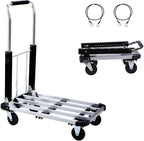 LEADALLWAY Foldable Push Cart Aluminum Alloy Platform Cart with 4-Wheel,Adjustable Length,330-LB Capacity(with 2 Ropes)