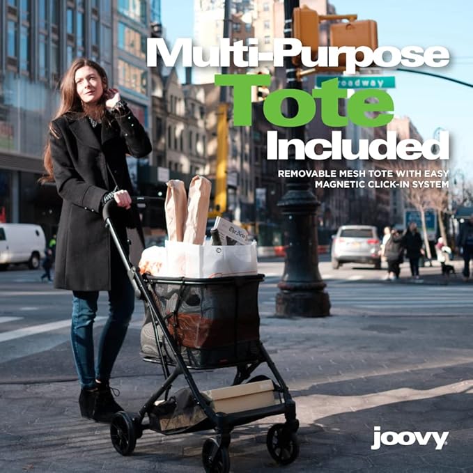 Joovy Boot Shopping Cart Featuring 70 lbs Total Weight Capacity, Stylish Removable Tote, Swivel Tires for Easy Steering, One-Handed Compact Fold, and One-Step Parking Brake (Black Frame)