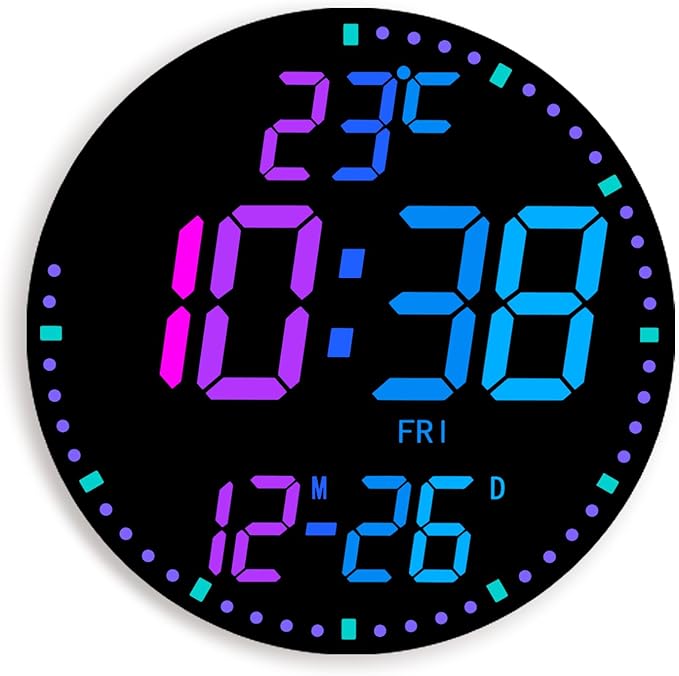 12" Large Digital Wall Mount Clock, Count Down Timer, Alarm, Big LED, 12 RGB Color, Temperature for Living Room Classroom Desk, Xmas, Birthday Gift for Senior Mom Dad (Round)