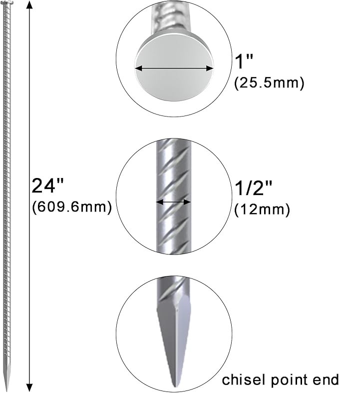VVOKGO 24 Inch Rebar Stakes Metal Asphalt Anchoring Spikes Ground (8pcs), 1/2 Inch Diameter Galvanized Landscape Anchors Heavy Duty for Speed Bump, Handicap Threshold Ramps, Parking Limits Curb, Tarp