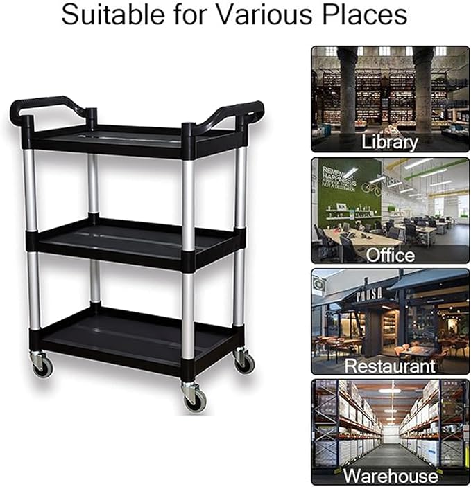 Plastic Utility Cart with Wheels Lockable, Heavy Duty Restaurant Cart, Service Cart for/Home/Office/Warehouse/Kitchen/Workshop,390 Lbs,2 Handles, Black.