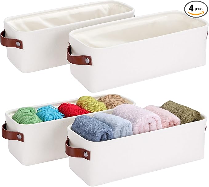 Kntiwiwo Small Fabric Storage Bins, 15x6x5 inch Narrow Storage Baskets 4-Pack Long Storage Basket for Organizing with Handles, Decorative Basket for Closets, Shelves, Toilet Paper, White