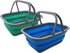 SAMMART 9.2L (2.37Gallon) Collapsible Tub with Handle - Portable Outdoor Picnic Basket/Crater - Foldable Shopping Bag - Space Saving Storage Container (Bluish-Green & Blue, 2)