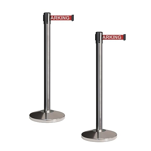 CCW Set of 2 Retractable Belt Barriers Stanchion, Polished Stainless Steel Post, RBB-100 (9 Foot Belt, Red"NO Parking" White Letters Belt)