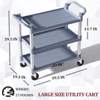 Plastic Utility Carts with Wheels, 3-Tier Large Size Restaurant Food Cart, Heavy Duty 600lbs Capacity Rolling Service Cart w/Hammer for Commercial, Kitchen, Office (Lockable Wheels, L-Grey)