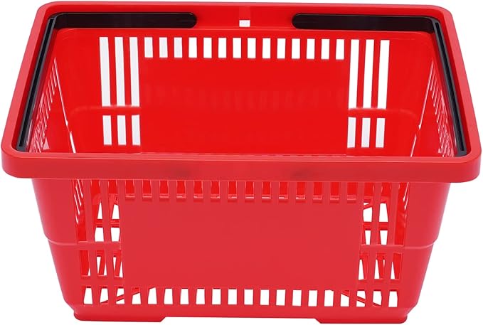 12PCS Shopping Baskets with Handles, 21L Plastic Grocery Basket for Retail Store, Supermarket, Grocery Shopping |17" x 12" x 9" Portable Shop Basket (Red)