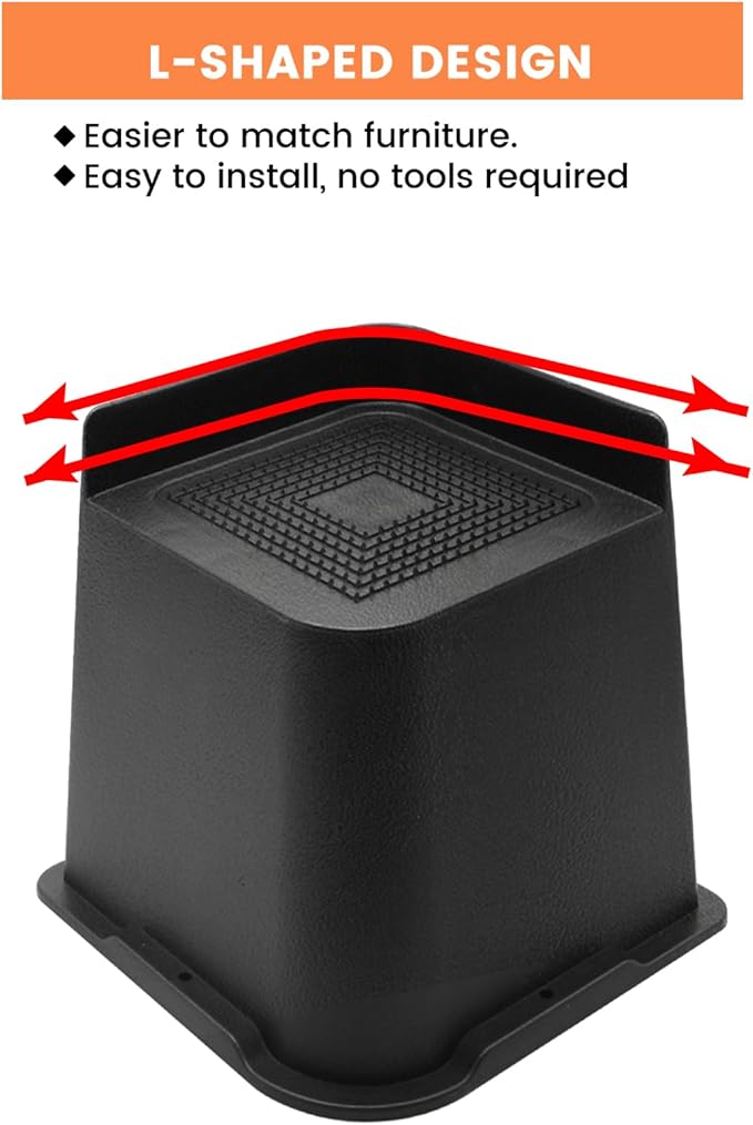 Bed Risers 2 inch, 3 inch, 4 inch, 6 inch or 8 inch Heavy Duty Furniture Risers, Up to 6000 Lbs L Shaped Design Bed Lifts Blocks for Couch Desk Sofa Table (Black, 8 Inch 4 Pack)