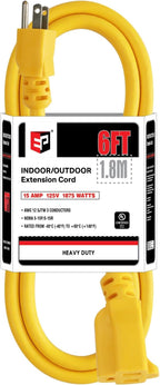 EP 6 Ft Outdoor Extension Cord, 12/3 SJTW Heavy Duty Extension Cable with 3 Prong Grounded Plug, 15 AMP Power Cord for Lawn, Garden, Appliances, Yellow
