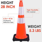 Fluorescent Orange PVC Traffic Cones, Heavy-Duty Black Base Garage Parking Lot Cones Structurally Stable Weatherproof Road Construction Safety Cones (8, Orange, 28" Large)