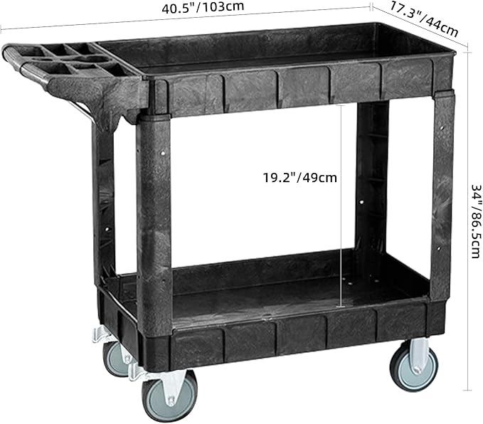 Heavy Duty Utility Service Cart 2 Shelves 550 Pounds Capacity Rolling Workshop Cart with Wheels Parts Cart for Maintenance Professional Worker Garden Garage (2 Tier, 40.5"D x 17.3"W x 34"H)