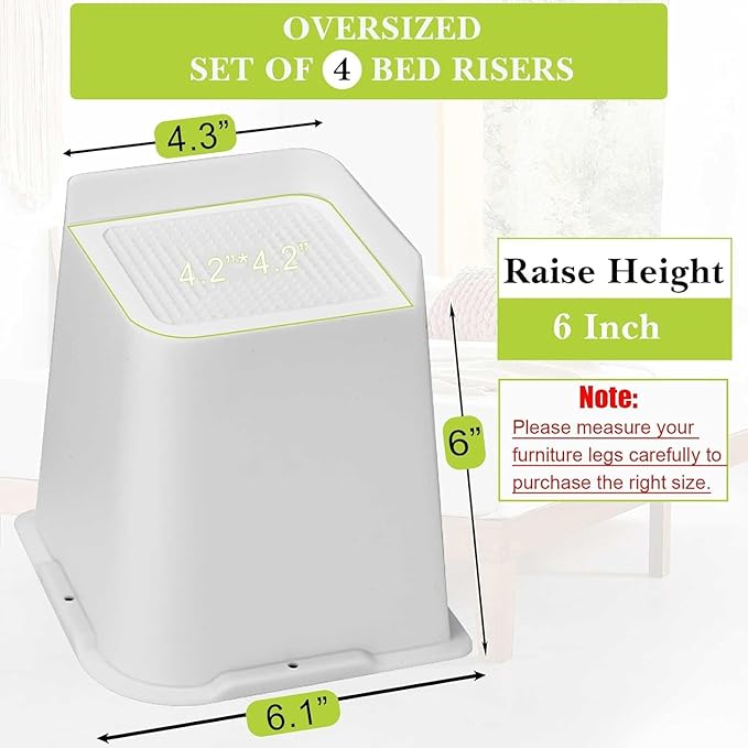 Bed Risers 1 inch, 2 inch, 3 inch, 4 inch, 6 inch, 8 inch Heavy Duty, Oversized Furniture Riser for Couch Sofa Table Chair Leg Frame Dorm, Support up to 6000 Lbs (White 6 Pack, 6 inch)