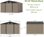 Patiolife Outdoor Storage Shed 10x8 FT with Floor Frame, Garden Tool Metal Shed with Sloping Roof and Double Lockable Door for Backyard Garden & Patio, Brown