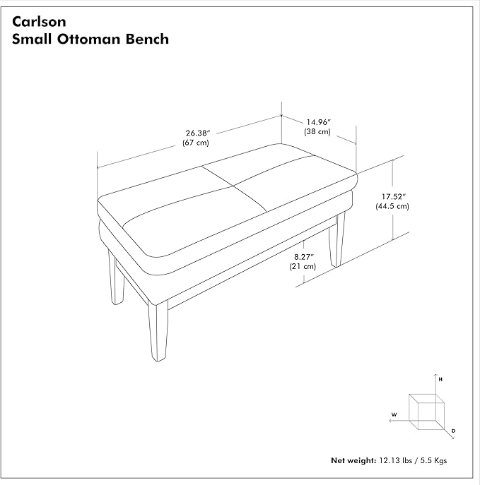 SIMPLIHOME Carlson Small Ottoman Bench - 27 inch Wide Upholstered Woven Fabric Rectangle Ottoman in Marigold, Mid Century Modern Bench for Bedroom, Entryway or Living Room with Padded Seat