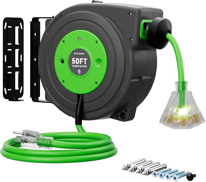 50 FT Retractable Extension Cord Reel, Heavy Duty 12AWG/3C SJTOW Power Cord, Lighted Triple Tap, 15A Circuit Breaker, Wall/Ceiling Mount Electric Cord Reel for Garage & Workshop, ETL Listed, Green