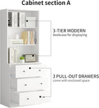 TUSY 71" H Bookshelf Bookcase with Doors, 3-Tier Modern Bookshelves with 3 Large Drawer, Display Bookcase with Glass Doors, Modern 5-Tier Curio Cabinet for Home Office, Dining Room (White, ABBA)