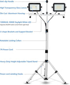 UFOND 10000 Lumen LED Work Light with Stand,Detachable Waterproof Dual Head Work Lights,Individual Switch Floodlight with TelescopingTripod,Work Lamp with Power Cord for Construction Site