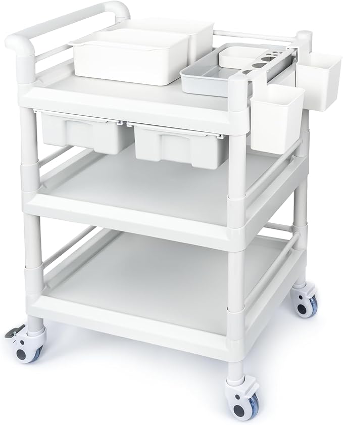 Medical Mobile Trolley Cart 3 Tier 500 Lbs Spacious Beauty Salon Rolling Trolley with Dirt Buckets Drawers 360°Rotate Wheels Heavy Duty Medical Utility Cart for Hospital Dental Clinic