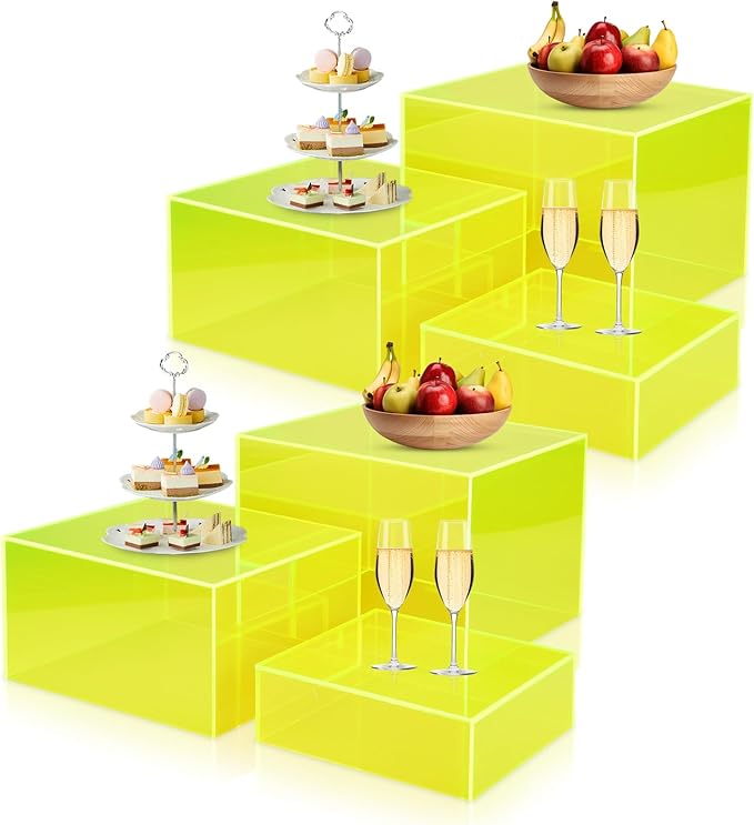 6Pcs Fluorescent Yellow Buffet Risers Acrylic Boxes Display Risers Food Risers for Buffet Table Display Riser for Platter Parties Weddings Catering Dessert Collectibles Figures Show ( 6''x7''x8'')
