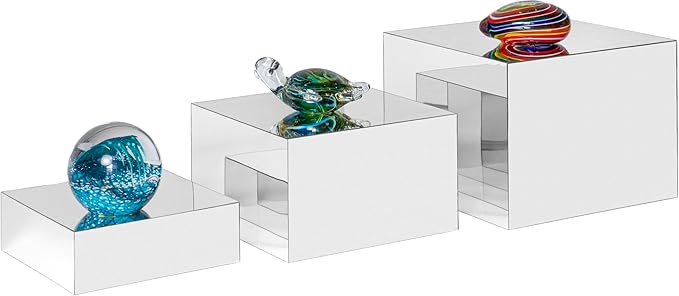 Red Co. Set of 3 Glossy Silver Acrylic Cube Display Nesting Risers with Hollow Bottoms
