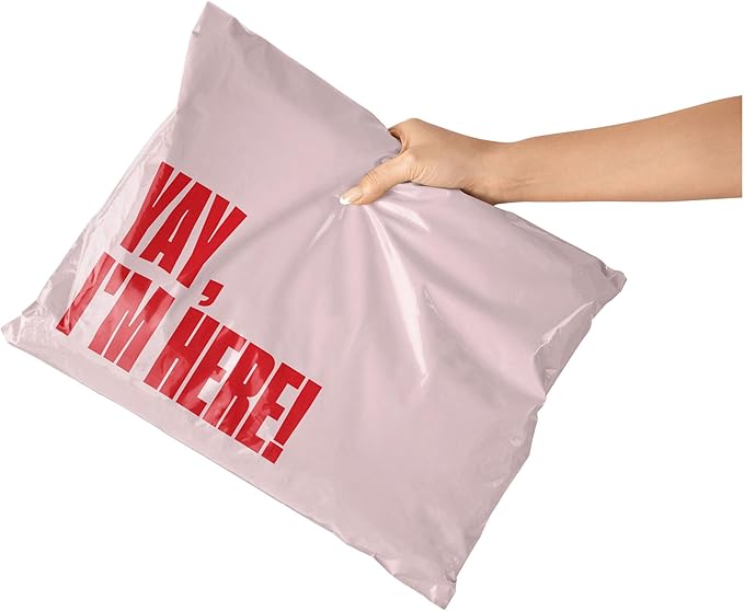 Poly Mailers 12x15 – 100 Pack – Cute Printed Recyclable Shipping Envelopes for Small Business Packaging, Self Sealing Mailing Bags – Yay I’m Here Pink/Red Design