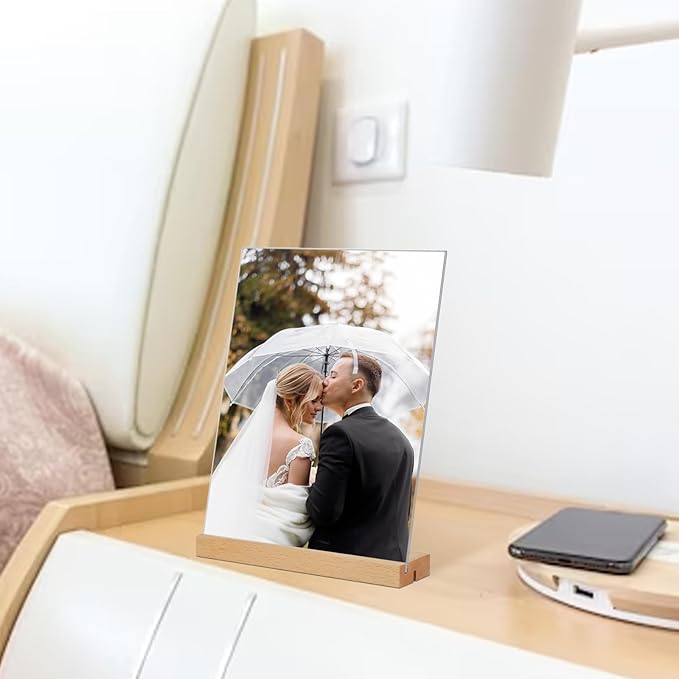 TONICE 5x7 Acrylic Sign Holder with Wood Base 6 Pack L/T Shape Vertical or Slant Back Display for Wedding, Restaurant, Store, Office, Hotel