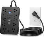 6 FT Flat Plug Surge Protector Power Strip,11 Multiple AC Outlets with 6 USB Ports (2 USB C), 6 Feet Extension Cord, 1250W/10A, One Touch Switch Button, 17 in 1 Compact powerstrip