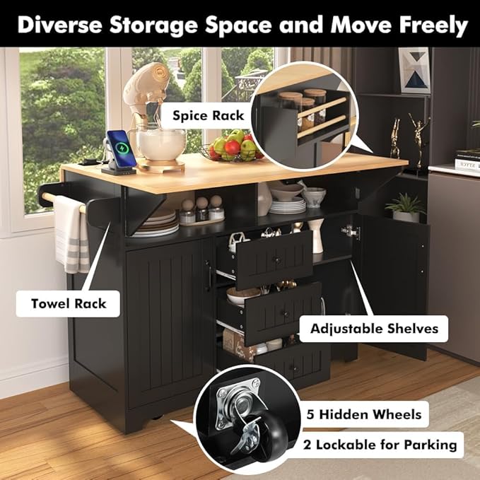 Kitchen Island with 2 Drop Leaf, Home Cart Island on Wheels Foldable Dining Table with Power Outlets,3 Drawers,Storage Cabinet, Tower Rack(Black)