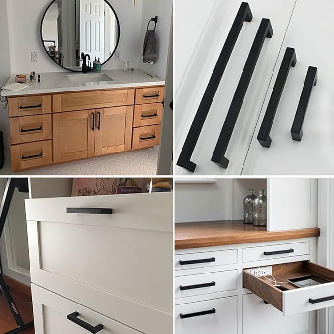 Cabinet Pulls Matte Black Cabinet Handles Square Drawer Pulls, 10 Pack 7-1/2 Inch Stainless Steel Kitchen Door Cupboard Cabinet Handles, Drawer Hardware Handles, 192mm Hole Centers